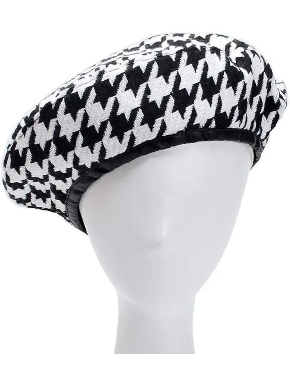 Women's Luxury Houndstooth Pattern Beret Beanie Hat (Black/White)
